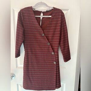 Bershka Red and Black Checkered Long Sleeve Dress